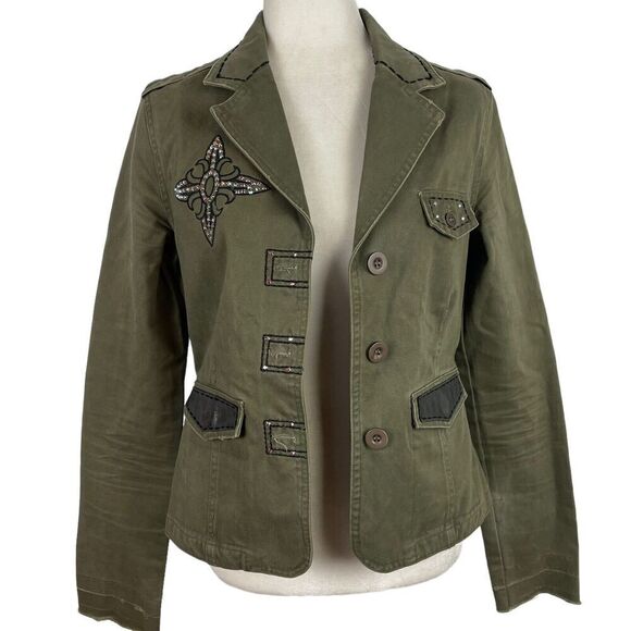 Jaded By Knight Womens Medium Olive Green Egal Leather Military Jacket Studded - Picture 11 of 16